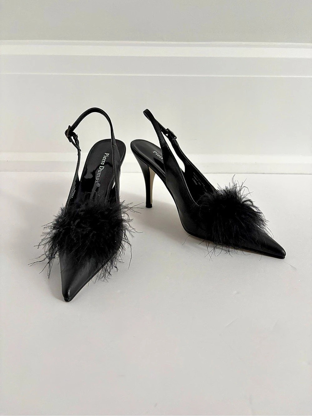 Pierre Dumas Black Feather Trim Slingback Heels - Size 6
